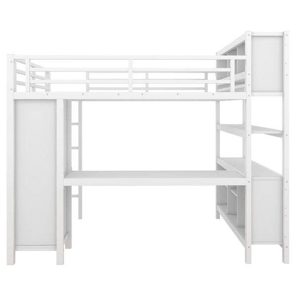 English Elm Full Size Car Shaped Kids Platform Bed with Storage Drawers Integrated Desk Pine Wood White W1580S00591