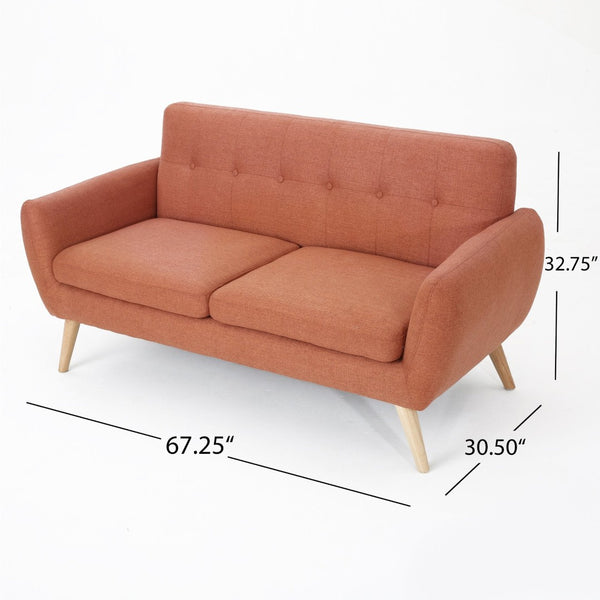 English Elm 67.25" Button Tufted Mid-century Loveseat with Rubberwood Legs for Compact Living Spaces Burnt Orange N771P371392D