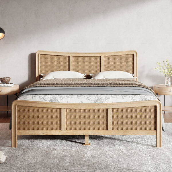 English Elm Christopher Knight Home® - Boho Curved Wooden Bed Frame with Adjustable Rattan Headboard, Solid Wood Slats, 800lb Support N758P266372N