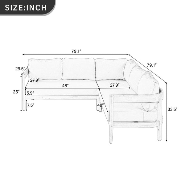English Elm U_style Acacia Wood Outdoor L Shaped Corner Sofa Set with Arc Frame and Cushions Grey WY000481AAE