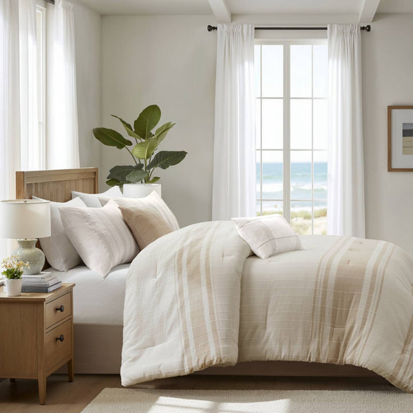 English Elm 6-piece Cotton Dobby Full Comforter Set Tropical Coastal Embroidered Pillow Accents B035P463271