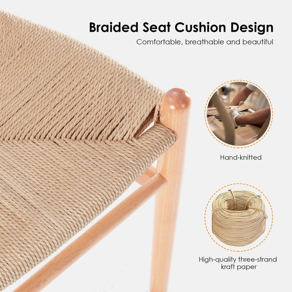 English Elm Wishbone Rattan Barstool with Woven Papercord Seat, Solid Ash Wood, Eco-Friendly Finish, Fully Assembled Natural T3623P379819