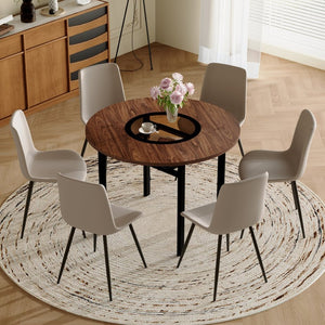 English Elm Table Set 42 Inch Round Wood Grain Glass Inlay with Six Tech-fabric Dining Chairs Brown+Black,Light Gray W1151S04484