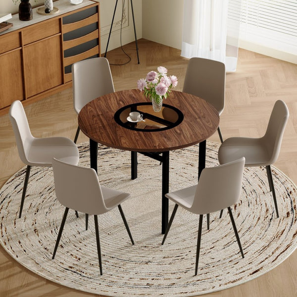 English Elm Table Set 42 Inch Round Wood Grain Glass Inlay with Six Tech-fabric Dining Chairs Brown+Black,Light Gray W1151S04484