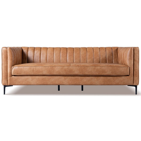 English Elm Ashcroft Furniture - Angelina Cognac Vegan PU Leather Sofa 84" — Mid-Century Modern, High-Density Comfort, Removable Legs B183P231318