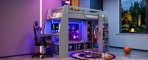 English Elm Wood Twin Size Gaming Loft Bed With Desk, Shelves, Led Lights & Clothes Rack - Gray Space Saver! N7090001041E-GIGA