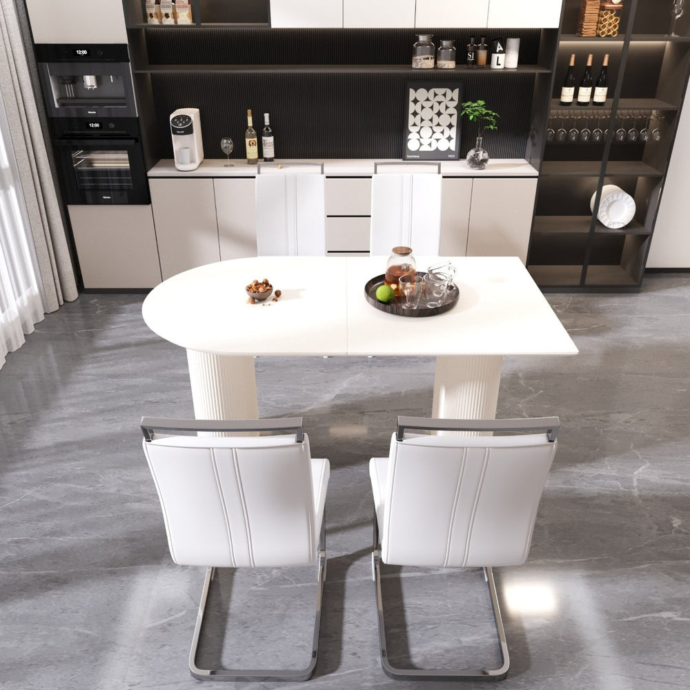 English Elm 63 Inch Cream Mdf Dining Set with Pu Chairs and Silver Metal Bases Seats Four W2189S00904