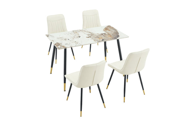 English Elm Modern Sintered Stone Rectangular Dining Table with Gold Accent Metal Base W3493S00016