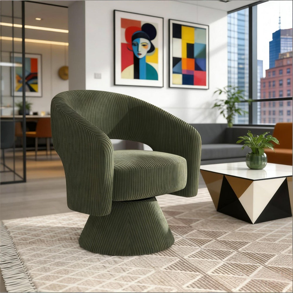 English Elm Barrel Swivel Accent Chair Corduroy Upholstered Rounded Seat for Living Room T3971P454555