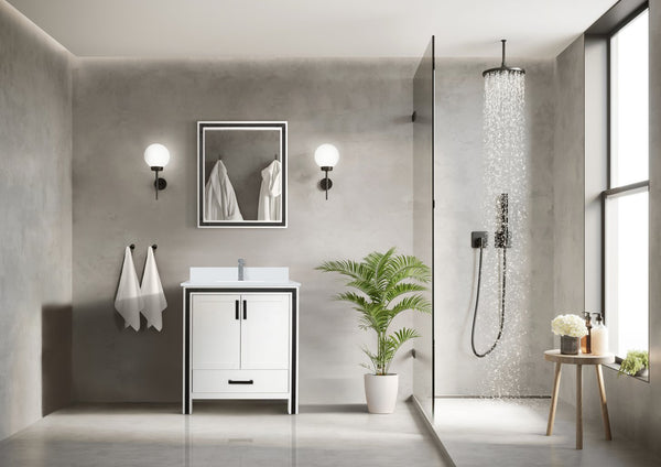 English Elm White Bath Vanity 30" W x 22" D with Cultured Marble Top, Chrome Faucet & 28" Mirror, Scratch‑Resistant B2731S01354