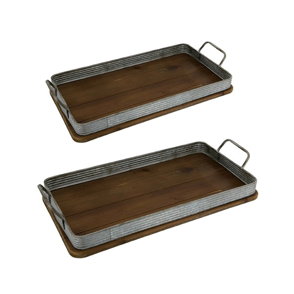 English Elm S/2 Rustic Fir Wood Serving Trays with Iron Accents for Farmhouse Tablescapes W2078P495641