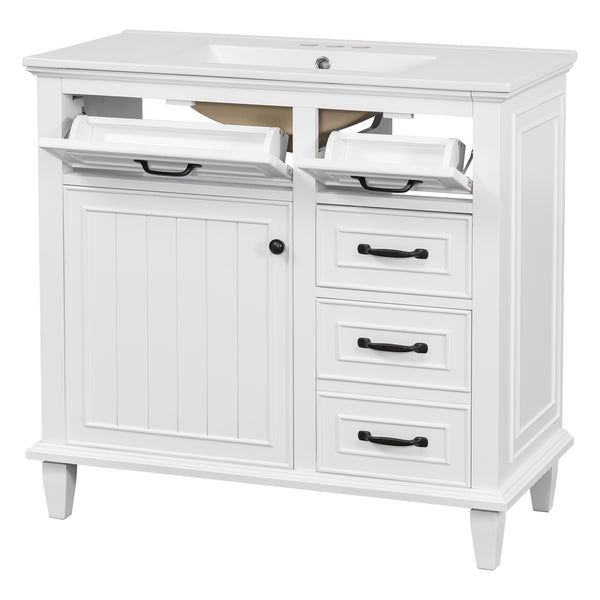 English Elm 36 Inch Bathroom Vanity - Modern Ceramic Sink, Solid Wood Frame, Adjustable Storage & Soft-Close Doors N725P336554K