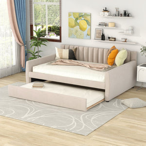 English Elm Full Size Velvet Upholstered Daybed with Pull Out Trundle and Wood Slat Support Beige LP100121AAA