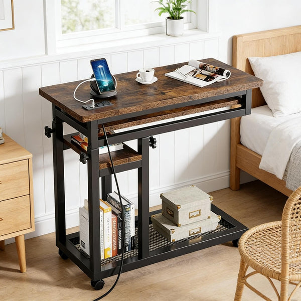 English Elm Side Rolling C Table with Adjustable Height Keyboard Tray and Built in Charging Outlet T3971P448106