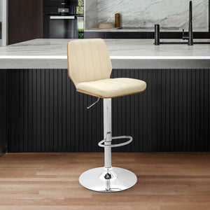 English Elm Glinne Adjustable Swivel Bar Stool - Cream Faux Leather, Walnut Back, Chrome Base, Ergonomic Comfort B2736P268536