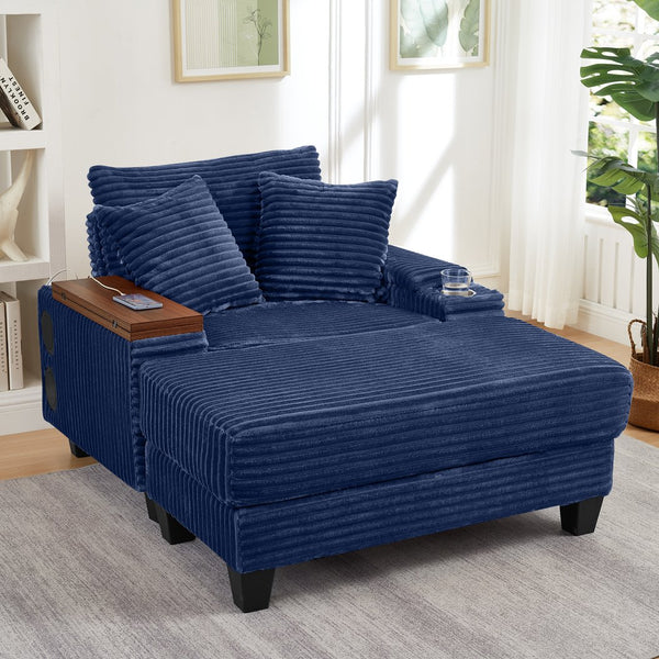 English Elm Fluffy Corduroy Storage Armrest Sofa with Ottoman, Bluetooth Speaker, USB, 180° Swivel Desk Blue W3705P349934