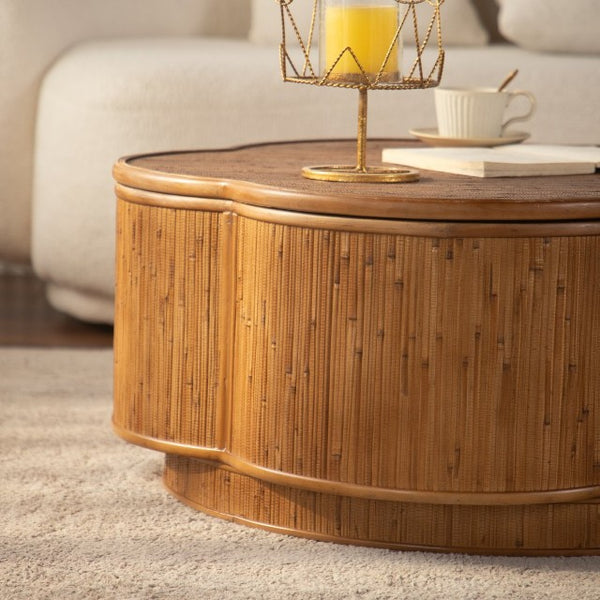 English Elm Flower-shaped Rattan Coffee Table Boho Woven Design with Hidden Lift Top Storage W3081P464745