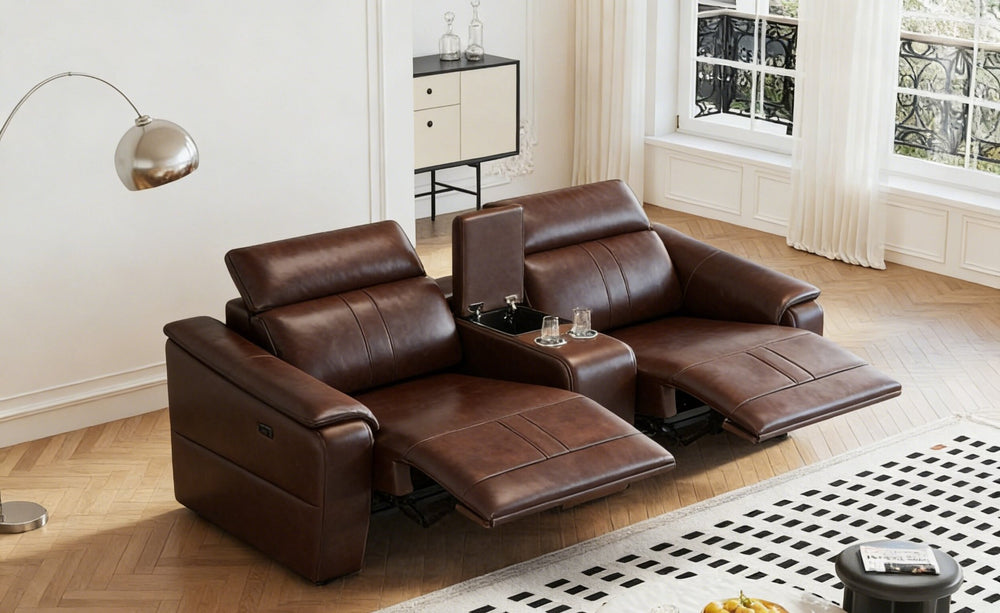 English Elm Power Reclining Loveseat with Faux Leather Upholstery Usb Ports and Storage Console W3795S00016