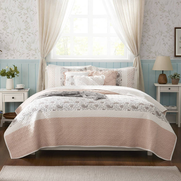 JLA Home Madison Park - 6 Cotton Percale Quilt Set with Paisley Pintuck, Lace Taping, Bedskirt & OEKO-TEX Certified Comfort 92 L x 104 W x 0.25H MP13-6873
