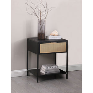 English Elm Duncan Black 1-Drawer Metal Bedside Table with Radio Weave Cane Front, Laminate Top, Modern Charm B062P299871
