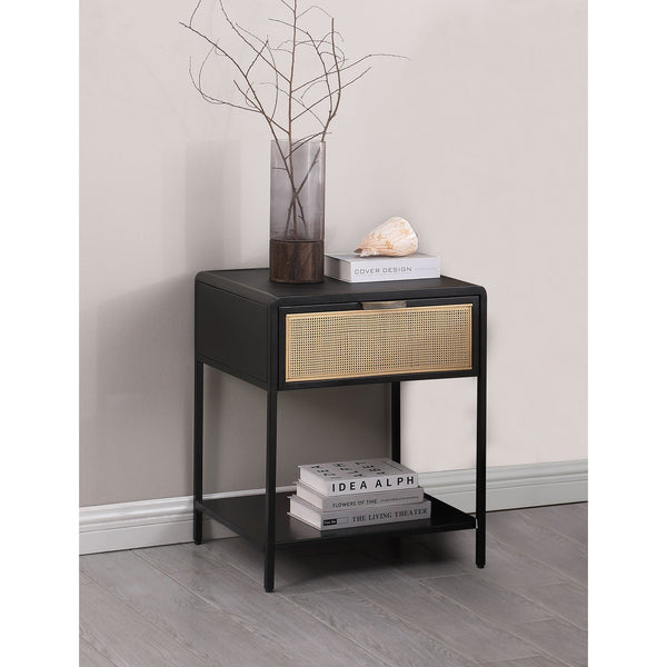 English Elm Duncan Black 1-Drawer Metal Bedside Table with Radio Weave Cane Front, Laminate Top, Modern Charm B062P299871