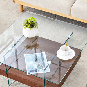 English Elm 31.4 Modern Two-Tier Square Coffee Table with Tempered Glass Top & Walnut Shelf — Stylish Storage W1512P407505