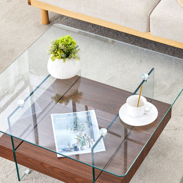 English Elm 31.4 Modern Two-Tier Square Coffee Table with Tempered Glass Top & Walnut Shelf — Stylish Storage W1512P407505