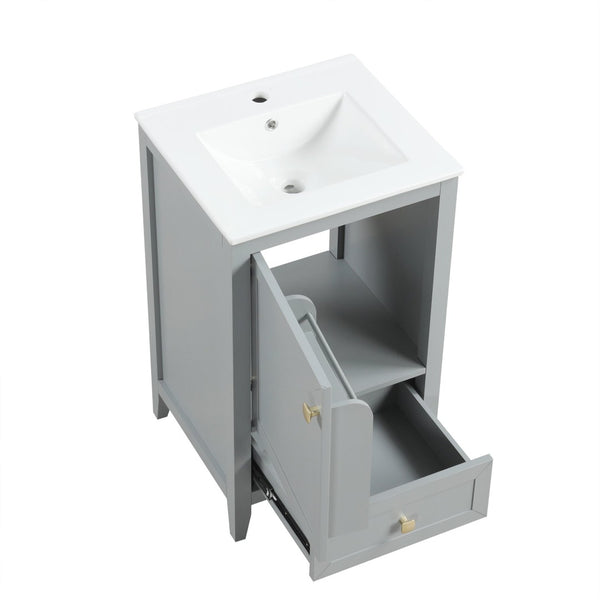 English Elm 20" Compact Bathroom Vanity Grey Mdf Cabinet Ceramic Sink Soft Close Storage N725P351851E