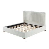 Modern King Size Upholstered Platform Bed Frame with Corduroy Headboard, Wooden Slats, White