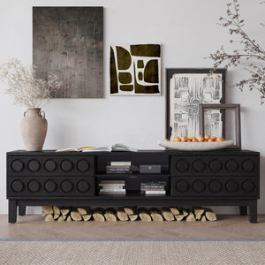English Elm Modern Mid-Century Media Console with 4 Drawers and Concealed Cable Management, Stylish TV Stand Up to 75" Black+ Gray W757P305594