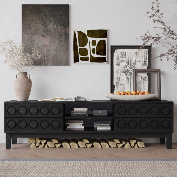 English Elm Modern Mid-Century Media Console with 4 Drawers and Concealed Cable Management, Stylish TV Stand Up to 75" Black+ Gray W757P305594
