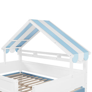 English Elm Full Size Pine Loft Bed with House Canopy Roof Built in Shelves and Storage Cabinet N7090005012C