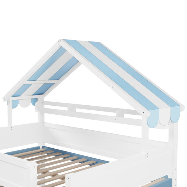 English Elm Full Size Pine Loft Bed with House Canopy Roof Built in Shelves and Storage Cabinet N7090005012C