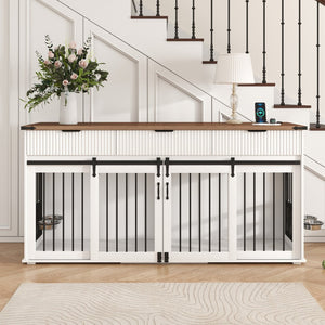English Elm 71'' Walnut Woodgrain Dog Kennel Cabinet with Fluted Drawers and Built-in Power Station W5216S00001