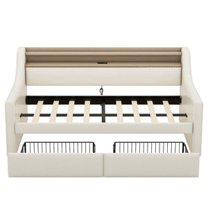 English Elm Twin Size Daybed With Storage Drawers, Charging Station & Led Lights - Stylish Beige Upholstered Design W1580S00033-GIGA
