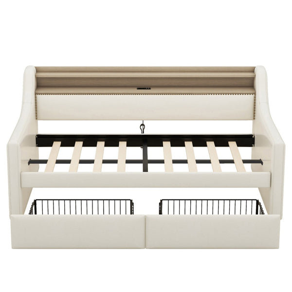 English Elm Twin Size Daybed With Storage Drawers, Charging Station & Led Lights - Stylish Beige Upholstered Design W1580S00033-GIGA
