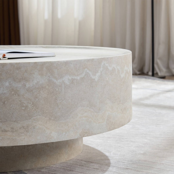 English Elm Round Fiberglass Coffee Table Sculptural Minimalist Design for Modern Living Rooms W2085P374193