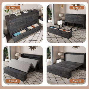 English Elm 57 Inch Murphy Bed Cabinet with Storage Drawers Charging Station and Rolling Casters Carbon Black W509S00157