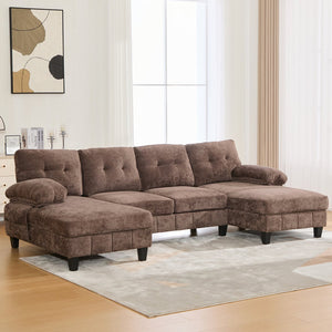 English Elm U-shaped Chenille Sectional Sofa with Dual Chaise Lounges, Tufted Back, Storage Pockets & Pillows Brown N719S002040D