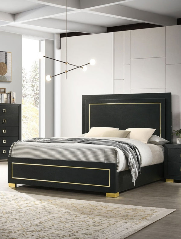 English Elm Contemporary Queen Bedroom Set Matte Black Wood Gold Legs Led Headboard Nightstands B2741S00157