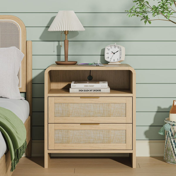 English Elm Rattan Drawer Nightstand Set with Built-in Charging Station and Open Shelf Bedroom Storage Oak W1820P416763