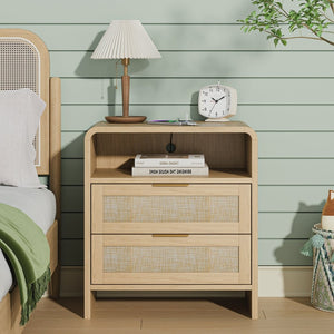 English Elm Rattan Drawer Nightstand Set with Built-in Charging Station and Open Shelf Bedroom Storage Oak W1820P416764