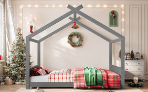 English Elm Queen House Bed Frame Solid Pine Low Profile Montessori Floor Design for Kids Room W1580P387854