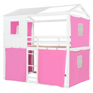 English Elm Full Size Kids Playhouse Bunk Bed Pinewood Frame with Tent Roof and Window Cutouts Pink LT000380AAH-1