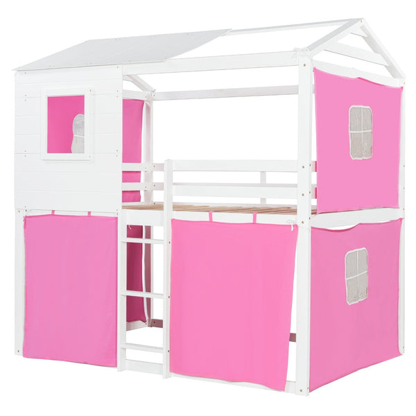 English Elm Full Size Kids Playhouse Bunk Bed Pinewood Frame with Tent Roof and Window Cutouts Pink LT000380AAH-1