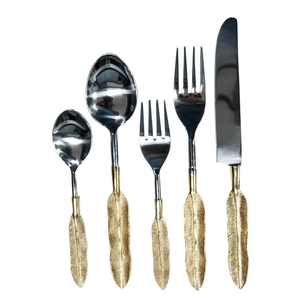 English Elm S/5 Elegant Gold Cutlery Set With Feather Handles – Perfect For Gifting & Everyday Dining Luxury W2078P284547-GIGA