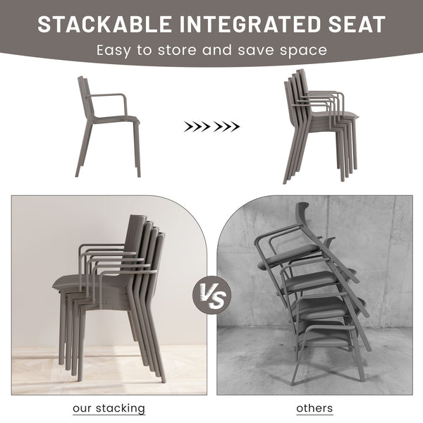 English Elm 4pcs Modern Stackable Plastic Armchair with Ergonomic Slatted Back, UV-Resistant PP, 300lb Capacity, No-Assembly Warm Grey W3450P323327