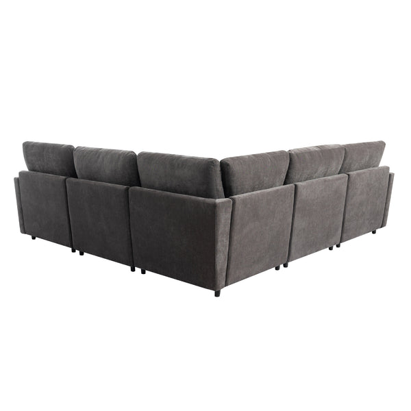 English Elm [ U_STYLE Upholstered Sectional Sofa Removable Ottoman Spacious U-Shape 6-Seat Couch Durable Frame Cozy PP Cotton Fill Gray WY000387AAE