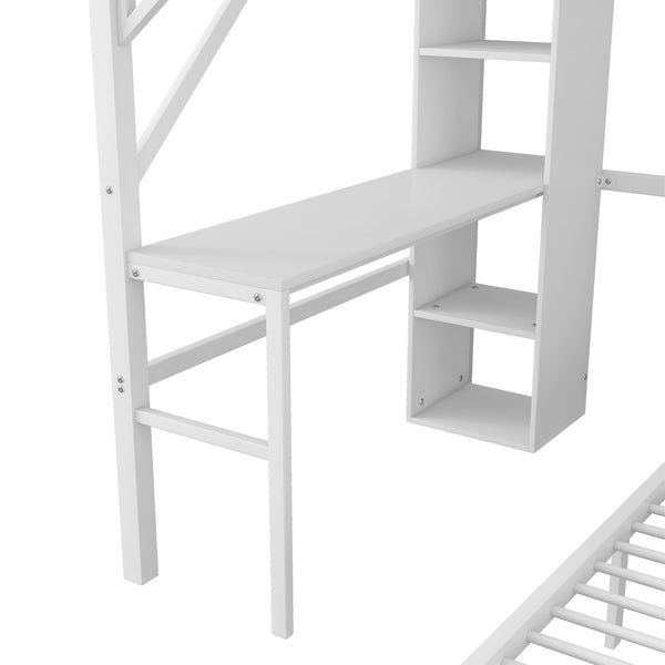 English Elm Ful Full-over-Twin Metal Bunk Bed with Desk, Bookshelves, LED Lighting & USB Charging Station, White W2580S00041