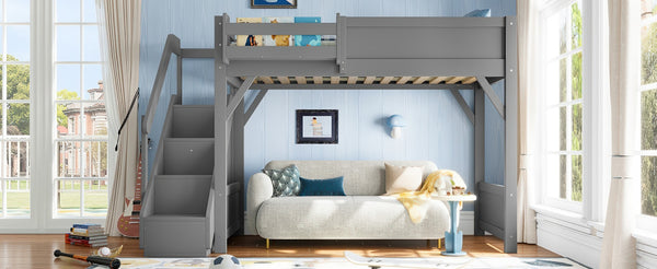 English Elm Twin Low Loft Bed Solid Pine Frame Kids Study Desk Blackboard Storage White Gray W1580S00467